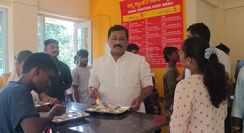 MLA Ganta Srinivasa Rao made a surprise visit to Bheemili Anna Canteen, inspecting token distribution and food quality. He praised the taste and cleanliness, interacting with locals.