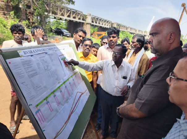 The construction of the bridge over the Vegavathi River in Paradi village, Bobbili Mandal, has recommenced under the guidance of MLA R.V.S.K.K. Rangarao.