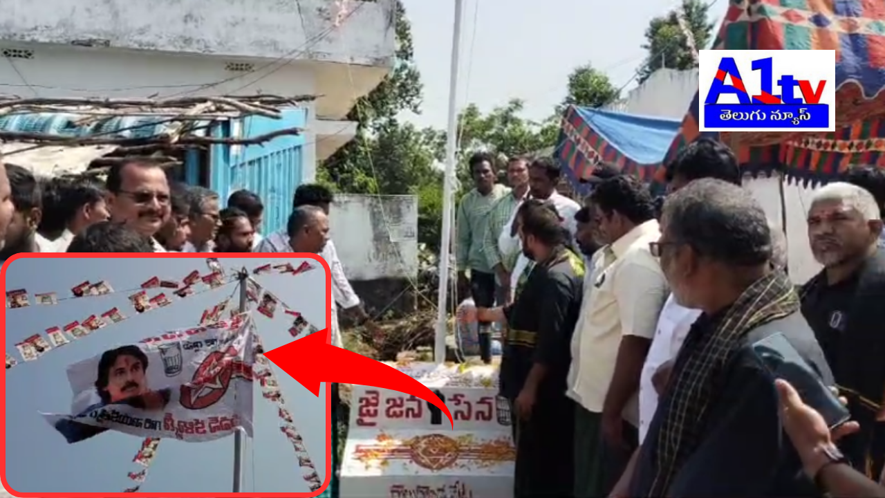Jana Sena Party flag was unveiled at Chinna Golugonda Peta by party leaders, emphasizing the party's growth and rural development under Pawan Kalyan's leadership.