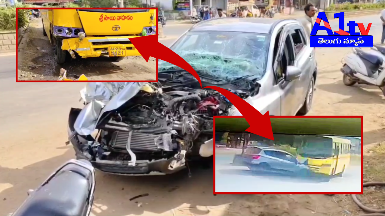 In Khammam, a school bus carrying 50 students narrowly escaped a major accident. The bus collided with a car while avoiding a cycle.