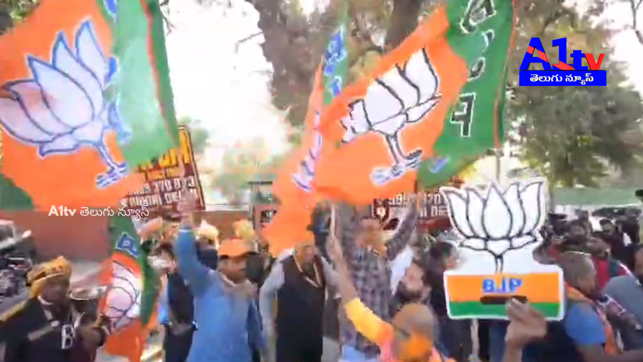 Celebrations erupt at Delhi BJP office as the party is set to return to power after 27 years, with leaders and workers rejoicing.