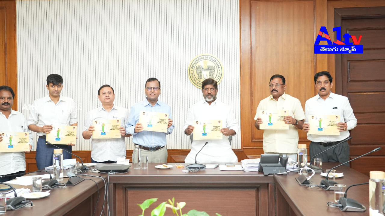 Deputy CM Bhatti Vikramarka unveils the Telangana Statistical Abstract prepared by the State Planning Department.