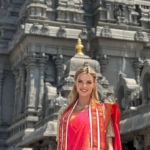Miss Universe Victoria Helvig visited Yadagirigutta Sri Lakshmi Narasimha Swamy temple and showed keen interest in its traditions.