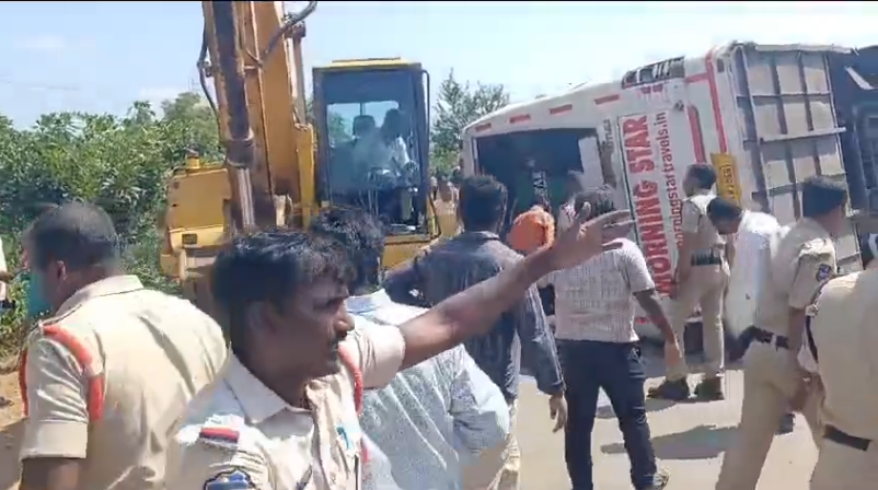 A private bus overturned near Yashwanthpur on Warangal highway due to a tire burst, injuring two seriously and 23 others with minor injuries.