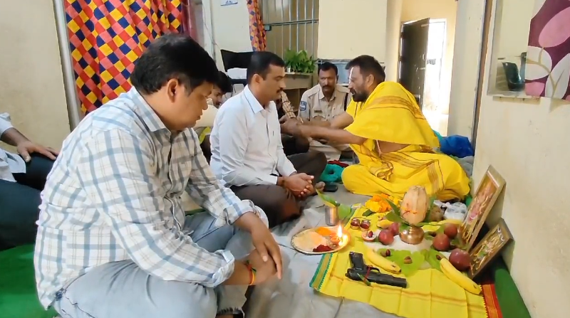 Ayudha Puja was performed at Khanapur Police Station, led by CI Saidarao and SI Rahul. The ceremony was held with traditional rituals and Vedic chants by a priest.