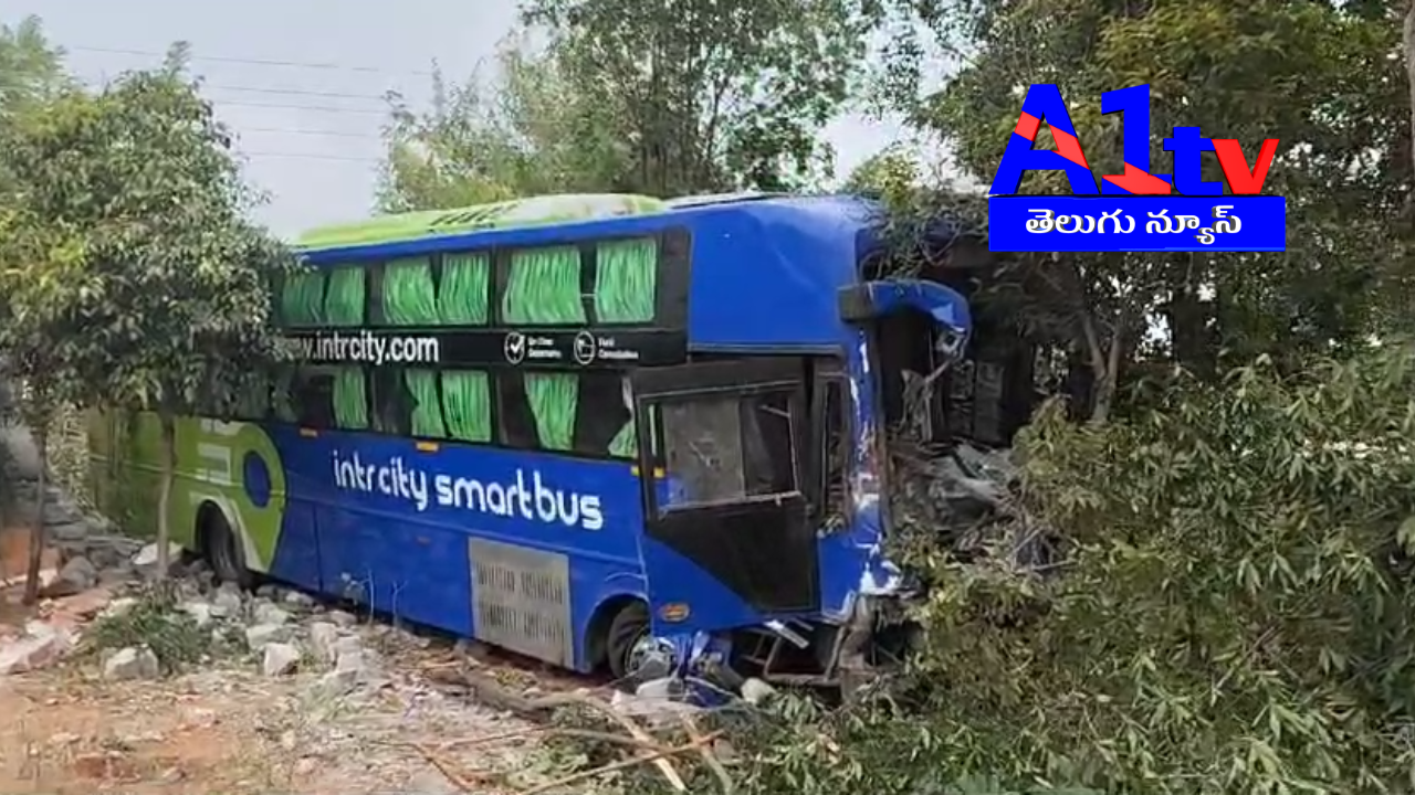 A private travel bus from Hyderabad to Vijayawada lost control, crashed into a divider, and veered into bushes. Driver was seriously injured, passengers had minor injuries.