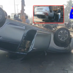 A speeding car hit a pole on Sattupalli Bridge; four youths escaped with minor injuries. Police cleared the site, restoring traffic.