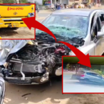 In Khammam, a school bus carrying 50 students narrowly escaped a major accident. The bus collided with a car while avoiding a cycle.