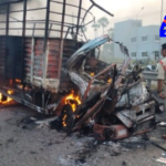 A tragic accident occurred on the national highway near Bhogapuram, where a van collided with a sand lorry, resulting in a fire. The van cleaner died in the blaze.