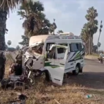 A bus carrying devotees to Mantralayam met with an accident near Adoni. Several injured, and the driver is in critical condition.