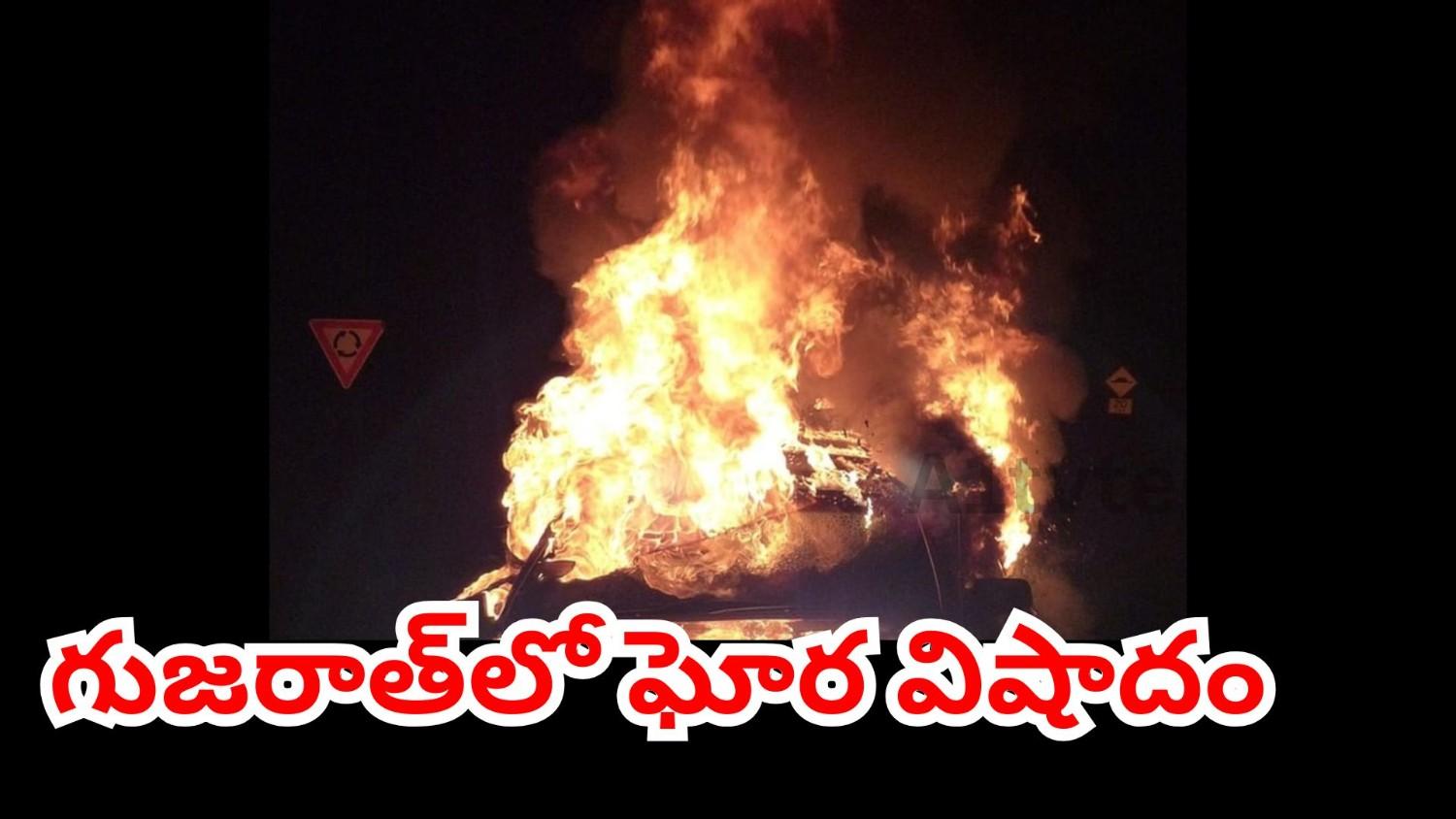 Burned ambulance after fatal fire accident in Gujarat’s Arvalli district