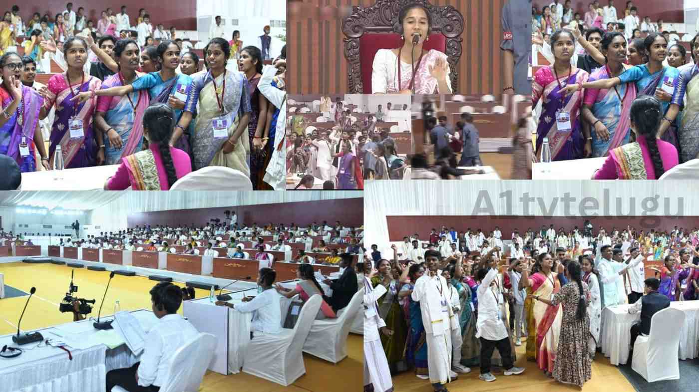 Students participating in a heated mock assembly session in Amaravati with debates and marshals intervening.