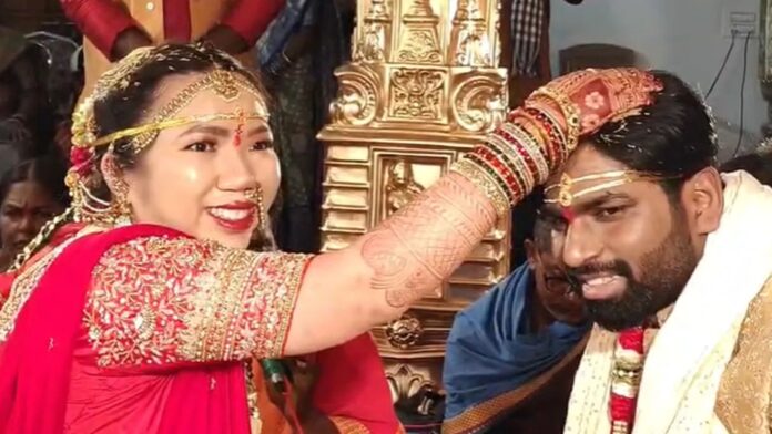 american bride and telangana groom during traditional hindu wedding ceremony in mancherial