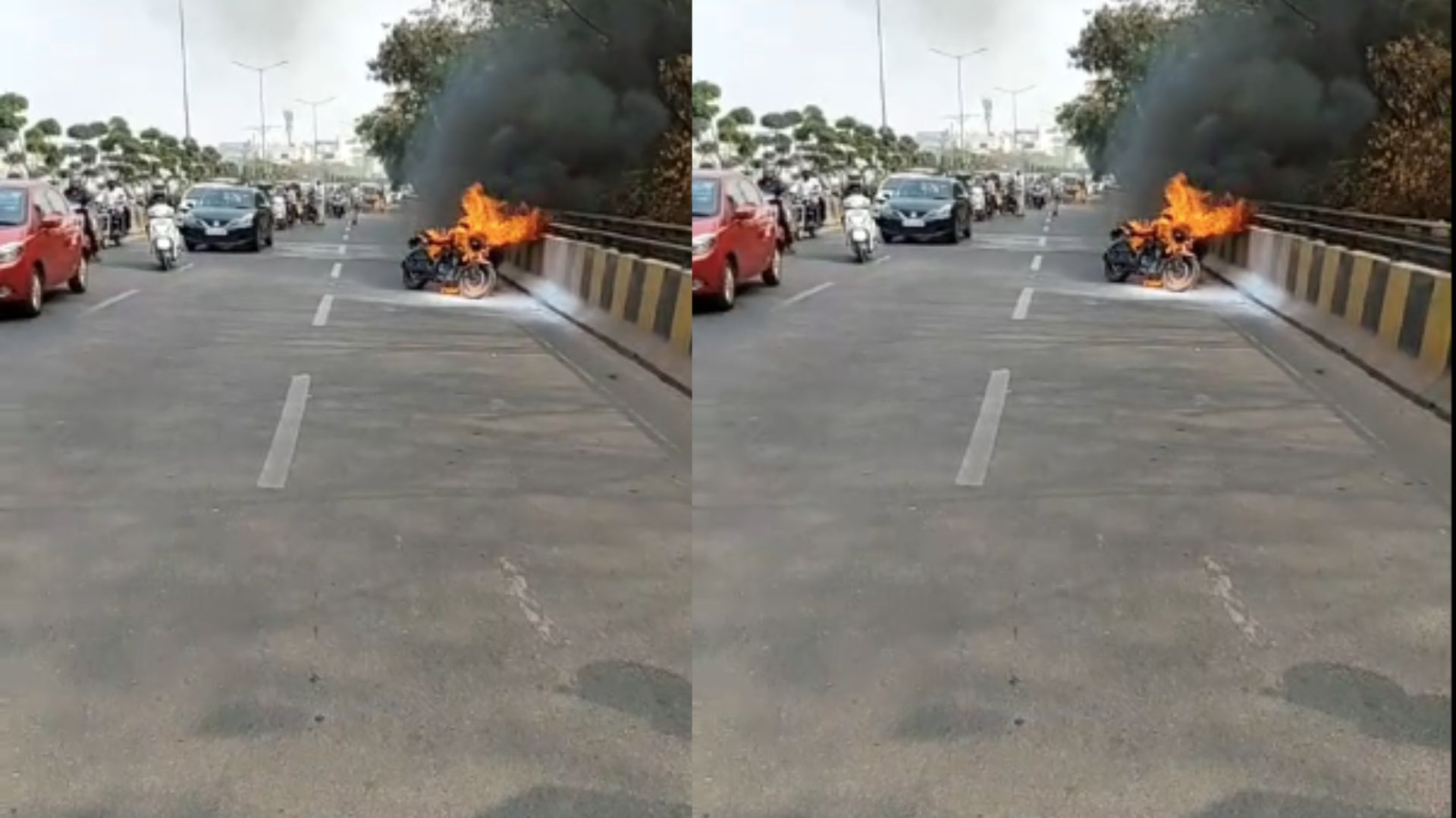 Bike on fire at Durgam Cheruvu Cable Bridge