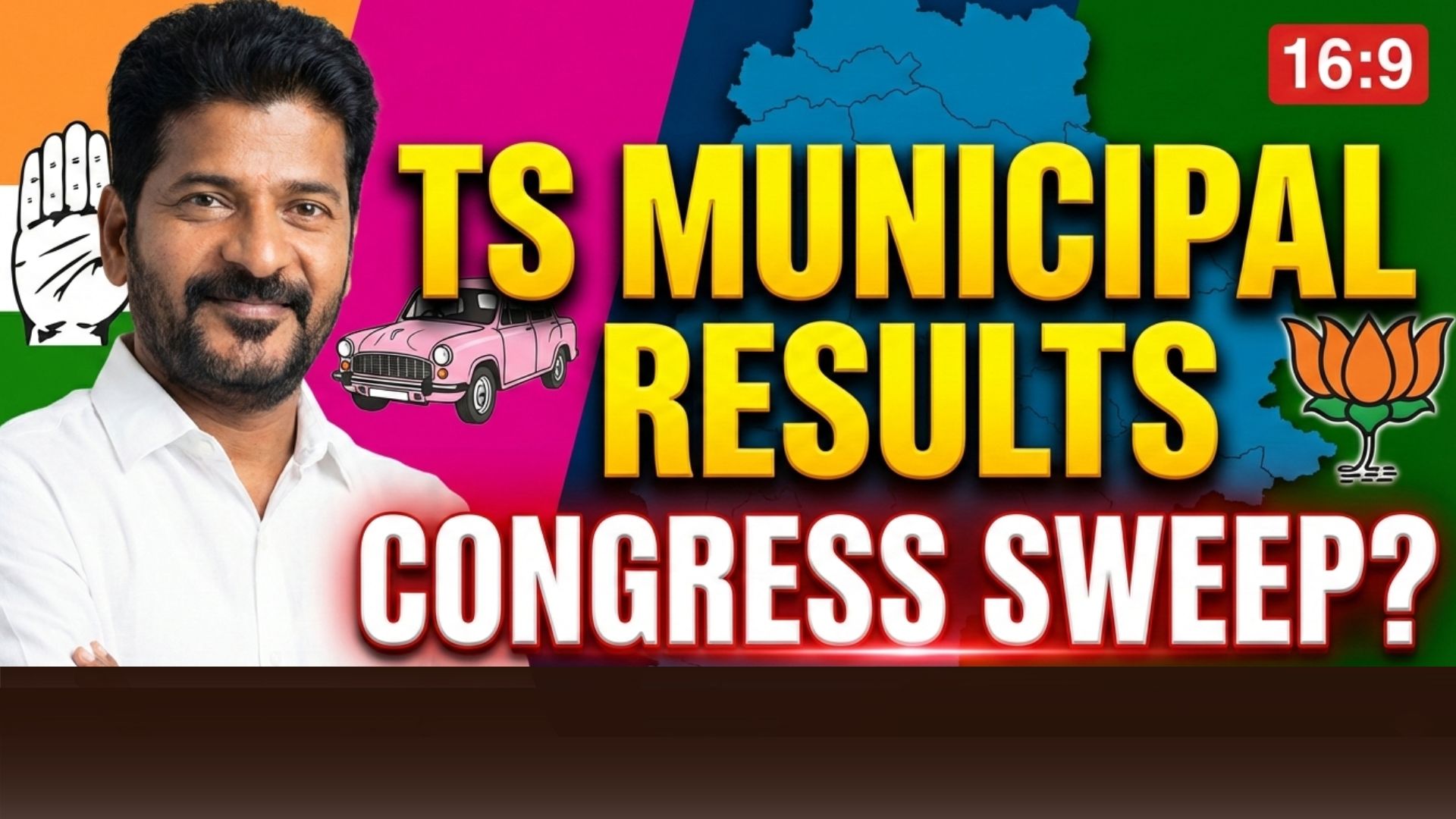 Telangana municipal election vote counting center showing party-wise results board