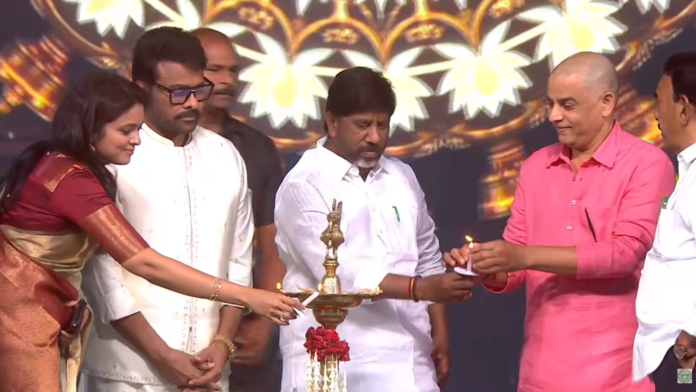 lamp lighting ceremony at gaddar cine awards event with dignitaries on stage
