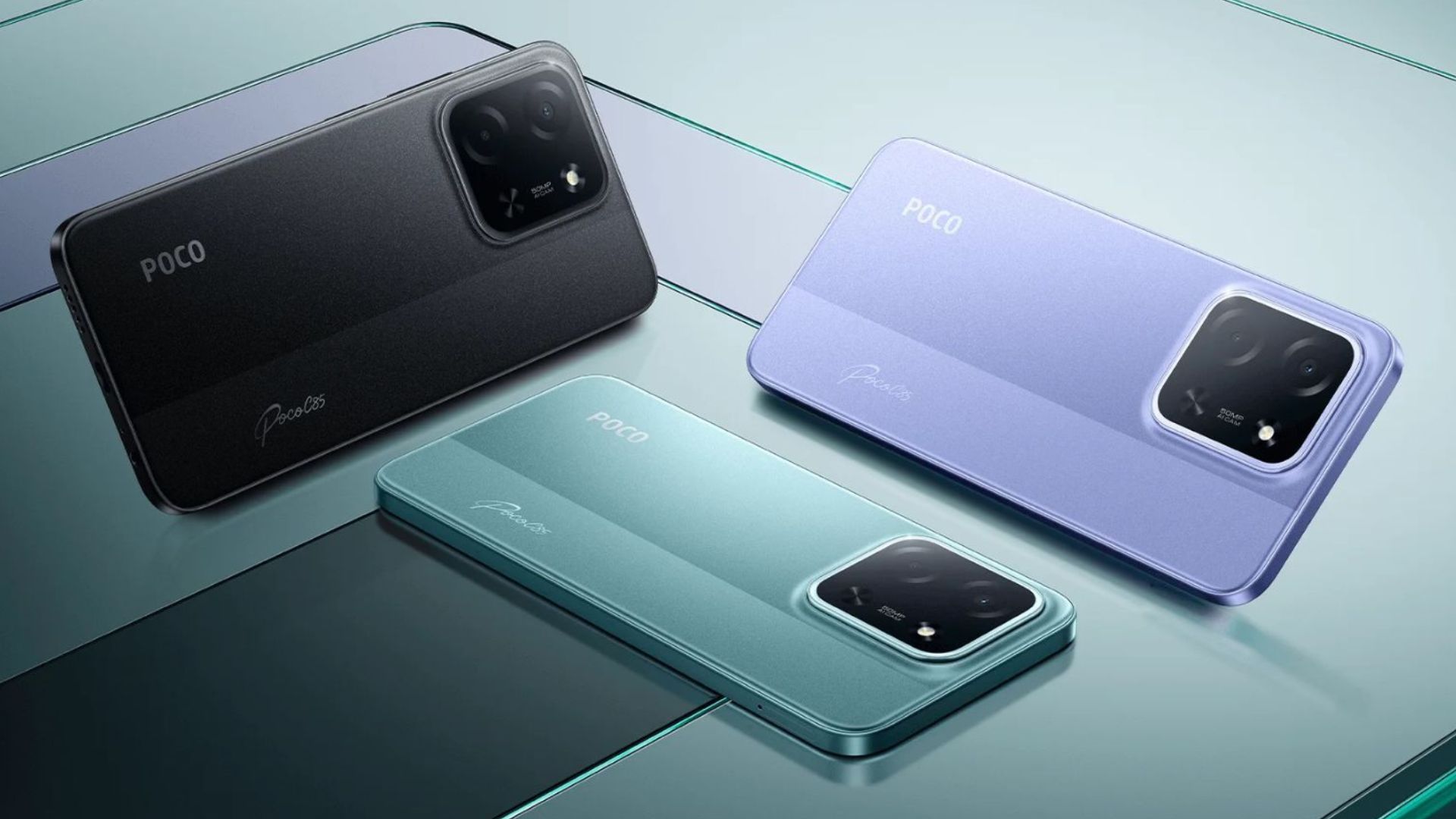 POCO C85x 5G smartphone in black, gold, and green with HD+ display and large battery