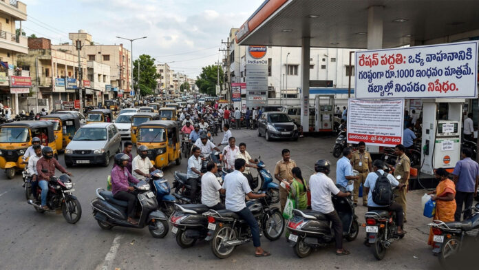 Long queues of vehicles at petrol bunks in Telangana amid fuel shortage and ration-style fuel distribution