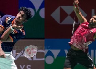 Ayush Shetty celebrates after reaching the quarterfinals of the Badminton Asia Championships