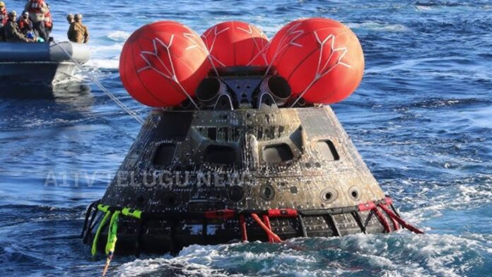 Orion capsule of NASA Artemis 2 mission safely splashing down in the Pacific Ocean after lunar orbit mission