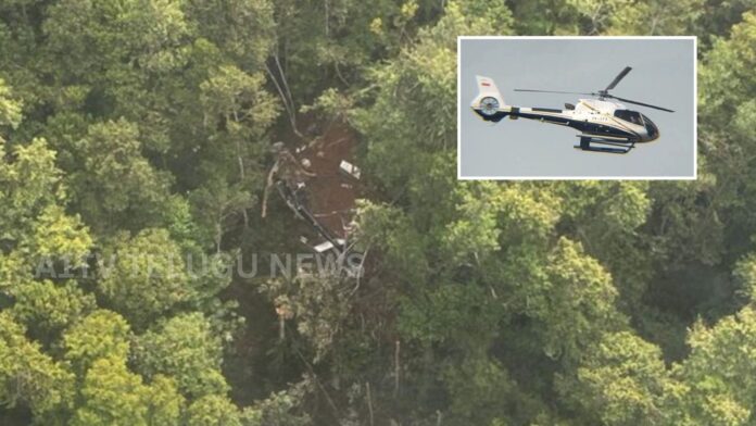 helicopter crash site in west kalimantan forest area with rescue teams searching victims