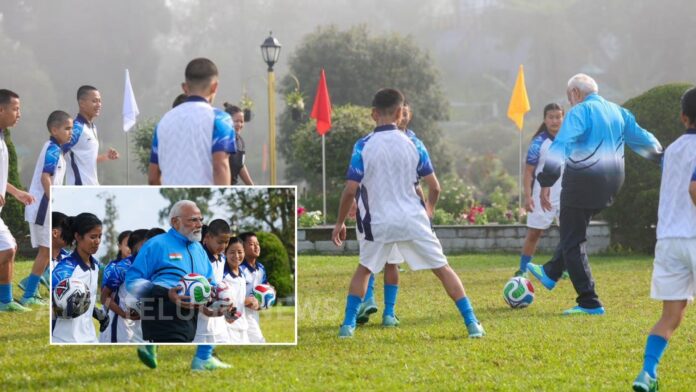 PM Narendra Modi playing football with youth in Sikkim during Golden Jubilee celebrations