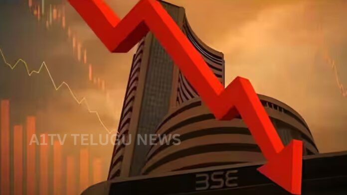 Stock market decline showing Sensex and Nifty falling due to global economic pressure and rising crude oil prices