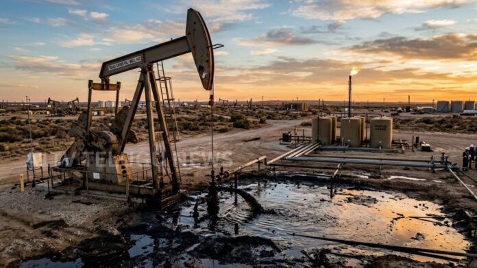 crude oil barrels and global oil price chart showing sharp decline in international market