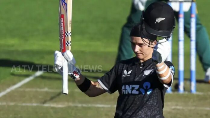 amelia kerr celebrates after leading new zealand women to a record 347-run chase against south africa in women's odi cricket