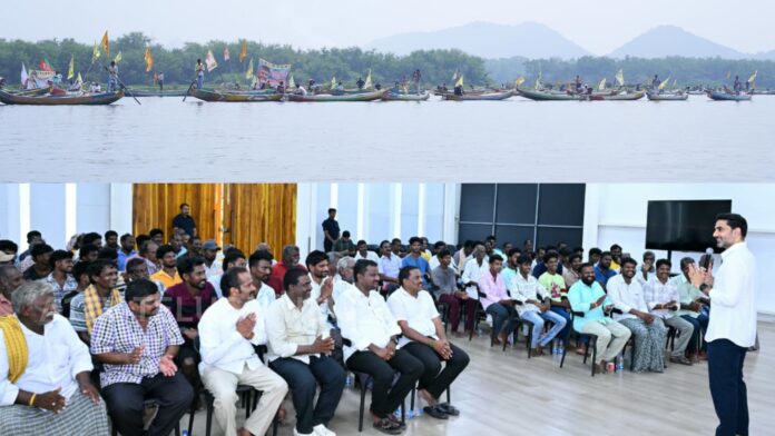 Fishermen arriving in boats on Krishna River and being welcomed by Minister Nara Lokesh in Andhra Pradesh