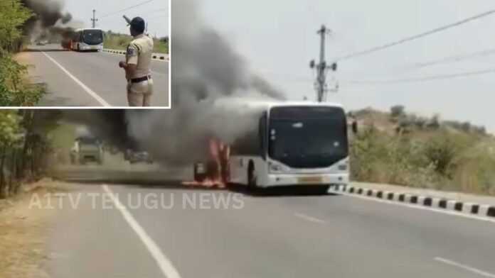 Burnt private travel bus on Hyderabad ORR after massive fire accident near Kohda