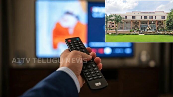 Television screen showing multiple advertisements as Delhi High Court rules on ad time limits