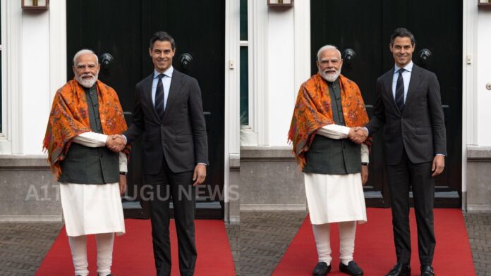 Prime Minister Narendra Modi presenting a Madhubani painting to Netherlands Prime Minister Rob Jetten