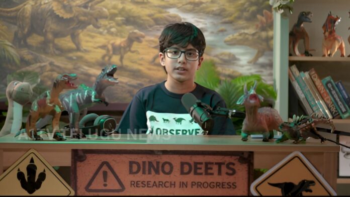 Devansh presenting dinosaur facts in his YouTube podcast ‘Dino Deets’ studio setup
