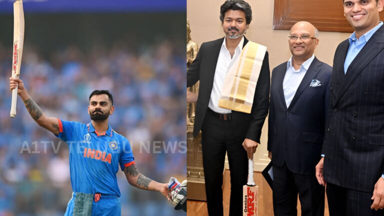 Tamil Nadu CM Vijay holding a Virat Kohli autographed cricket bat during an official meeting