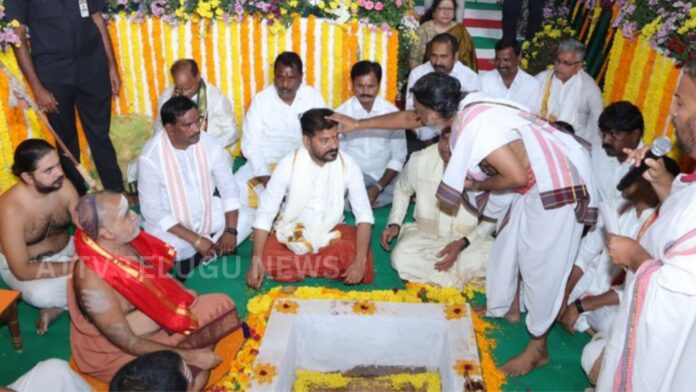 CM Revanth Reddy performing bhoomi puja for Vedic school and temple development works at Yadagirigutta