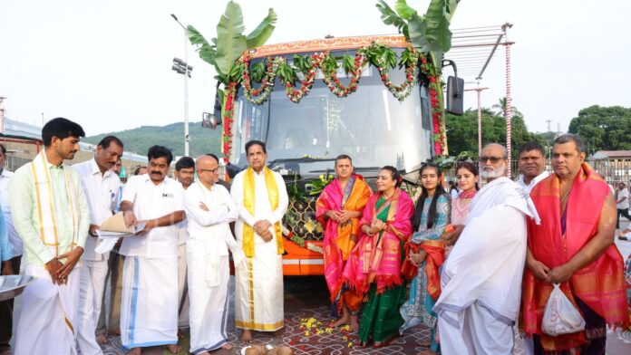TTD receives electric bus donation and Apple tablets from Neera Radia in Tirumala