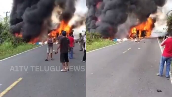 Burnt bus and oil tanker after deadly collision in Indonesia resulting in 16 fatalities