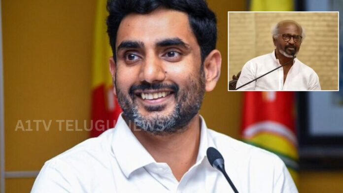 Rajinikanth delivering a spiritual speech at Art of Living event in Bengaluru while Nara Lokesh praises him online