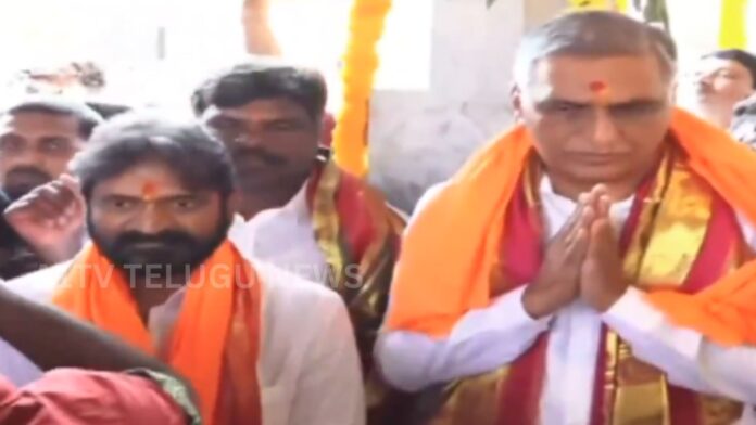 Harish Rao and Srinivas Goud attending Veeranjaneya Swamy idol installation ceremony in Chegur village