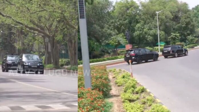 Prime Minister Narendra Modi traveling with a reduced convoy of vehicles as part of fuel saving initiative
