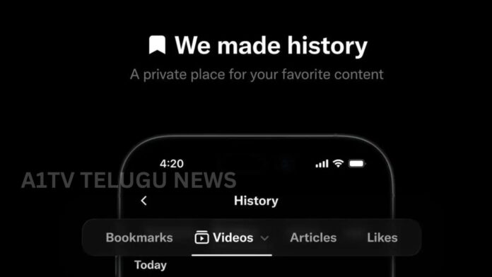 X app showing new History feature with bookmarks, likes, videos, and articles in a unified section