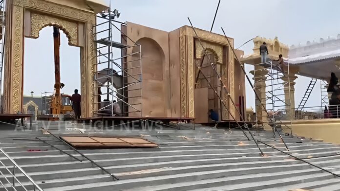 Kaleshwaram Triveni Sangamam decorated for Saraswati Anthya Pushkaralu with festive arrangements and tents