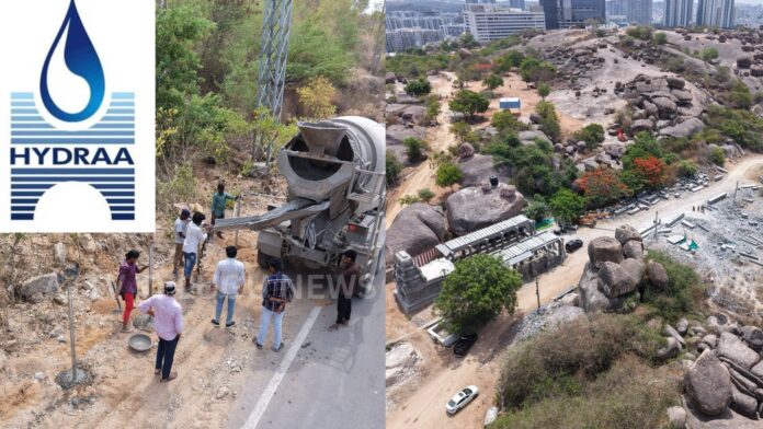 hydraa fencing government land at puppalaguda gandipet to protect historic rock formations