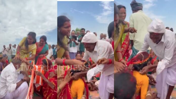 mgnrega workers celebrating shashtipoorthi ceremony for elderly couple in rural india