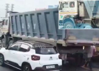 tipper lorry crashes into car near hayathnagar on hyderabad vijayawada highway
