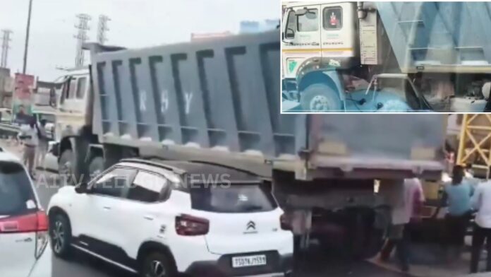 tipper lorry crashes into car near hayathnagar on hyderabad vijayawada highway