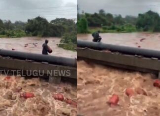LPG cylinders were swept away after floodwaters entered an HPCL bottling plant in Maharashtra