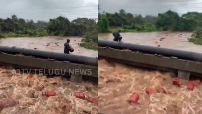 LPG cylinders were swept away after floodwaters entered an HPCL bottling plant in Maharashtra