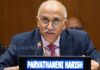 India's Permanent Representative Parvathaneni Harish speaking at the UN Security Council